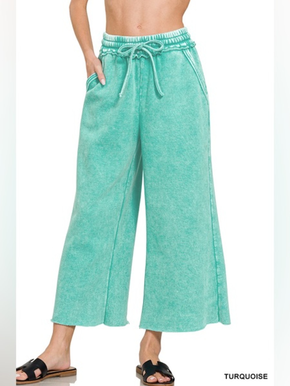 Zenana Outfitters Turquoise Wide-Leg Terry Pants